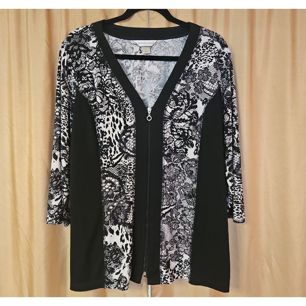 Christopher & Banks Black and White Patterned Zip Up Top
